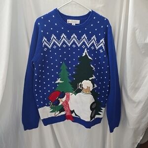 Jolly Sweaters Holiday Snowman Having a Beer Sunglasses Sweater Adult‎ L Blue